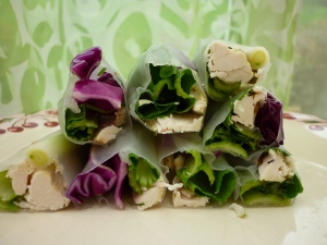 Rice paper rolls, with pan choi, red cabbage, and chicken.