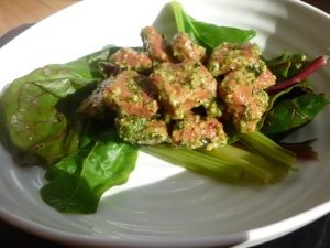 Plated up with homemade pesto and rainbow chard