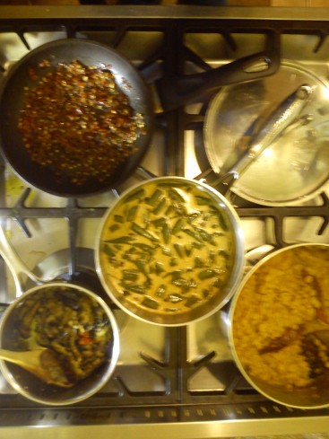 Okra curry, aubergine pickle, daal, and sambal
